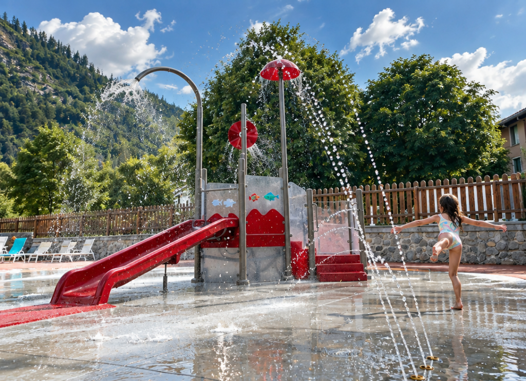espana Niña jugando en un parque acuático con tobogán y chorros de agua water splash