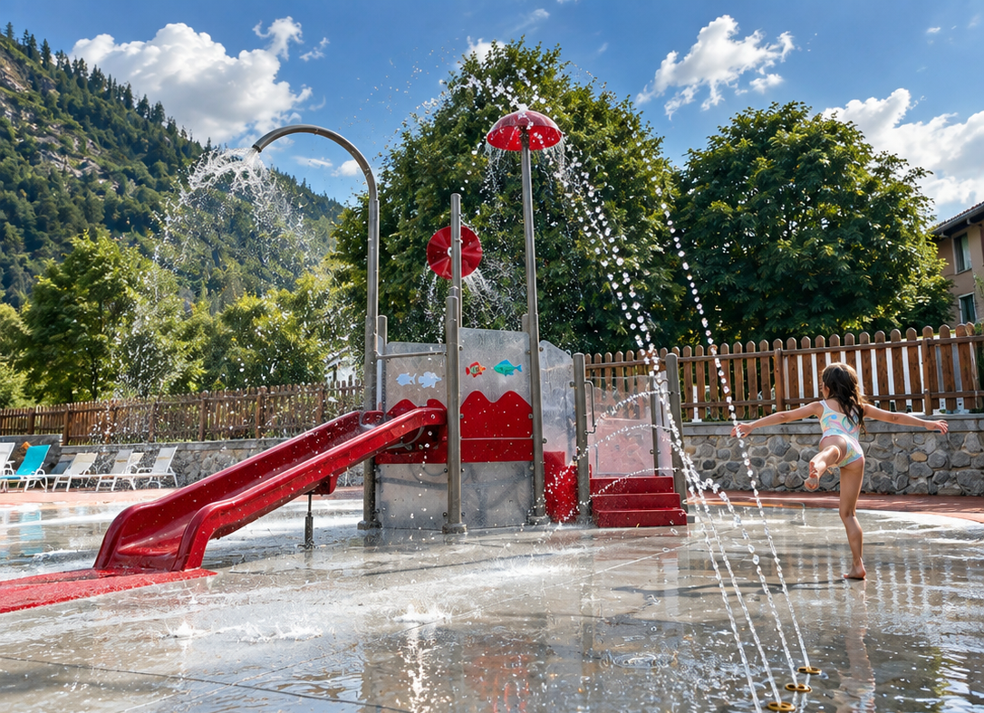 espana Niña jugando en un parque acuático con tobogán y chorros de agua water splash